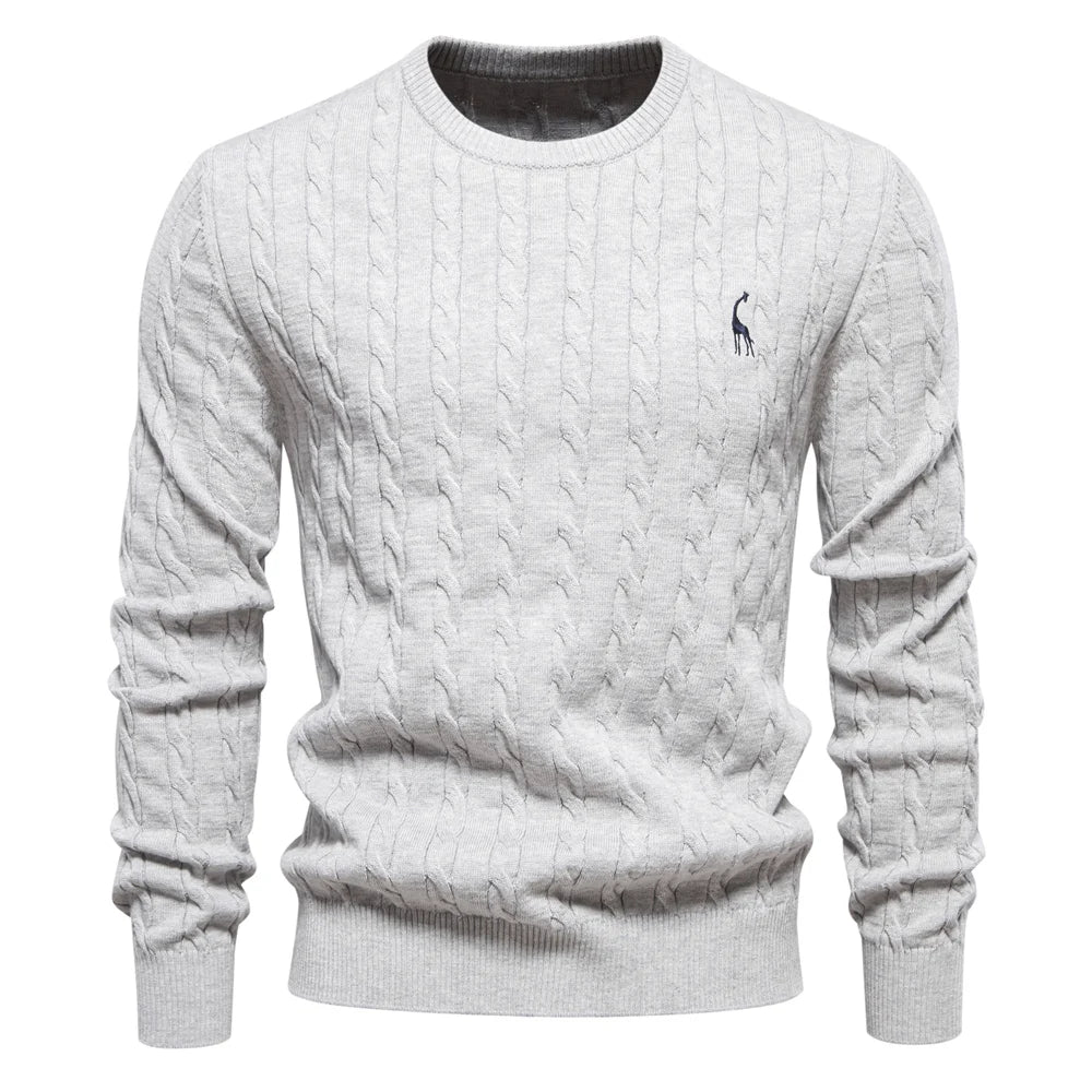 AIOPESON Mens Giraffe Embroidery Cotton Sweaters Round Neck Classic Twist Patterned Pullover Knitted Sweater for Men