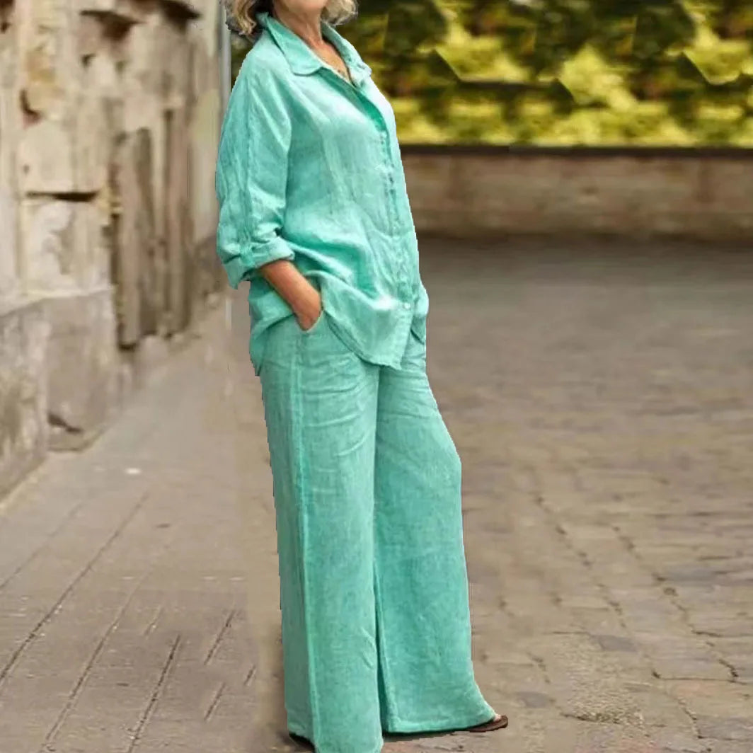 Fashion Cotton Linen Shirt Long Sleeved Women's Set Spring Autumn Loose Cotton  Linen Wide Leg Trousers Female Office 2piece Set