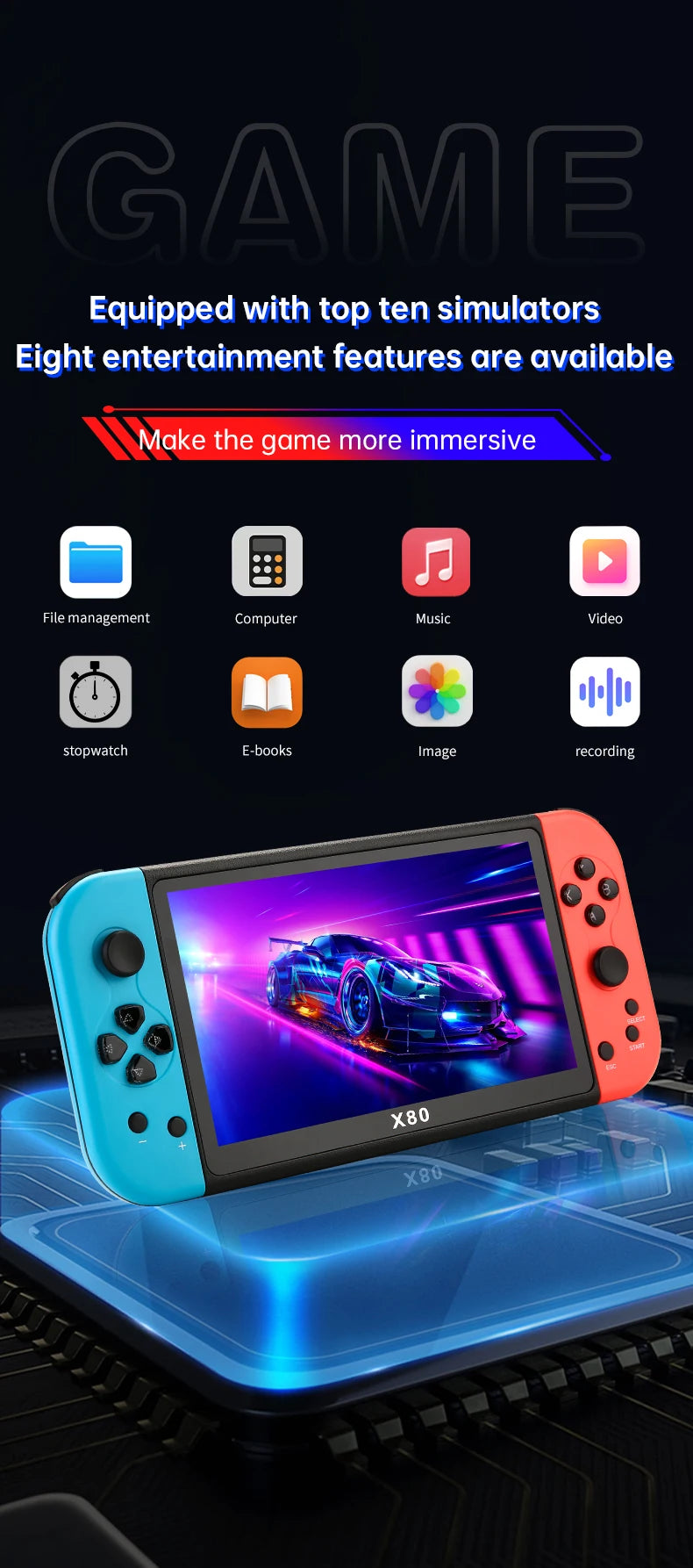 X80 Retro Handheld Game Console 7 Inch Screen HD TV Portable Game Player Built-in 16GB 10000 Games 10 Simulators for PS/PS1/MAME