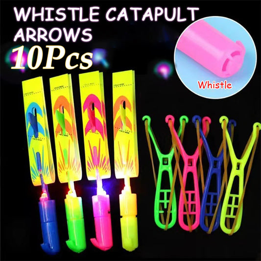 Rocket Slingshot Flying Toys with LED Lights 10Pcs LED Arrow Helicopters + 10Pcs Launchers Flying Toys Luminous Slingshot Toys