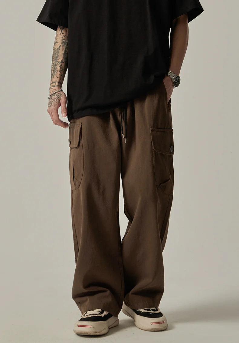 Men's Sweatpants 2025 Spring Autumn Vintage Japanese Wide Leg Straight Loose Button Big Pockets Cargo Pants Drawstring Trousers