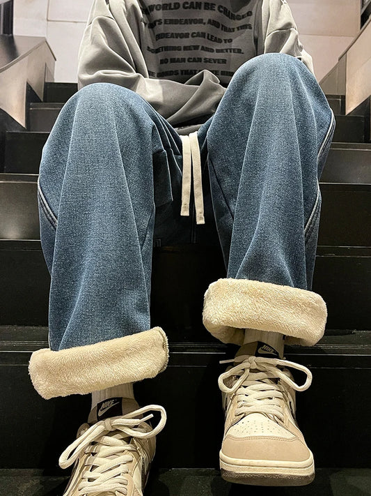 Men's Winter Jeans Fleece-Lined Brushed Thick Warm Denim Pants Korean Style Straight Fit Insulated Trousers Asians Size M-3XL