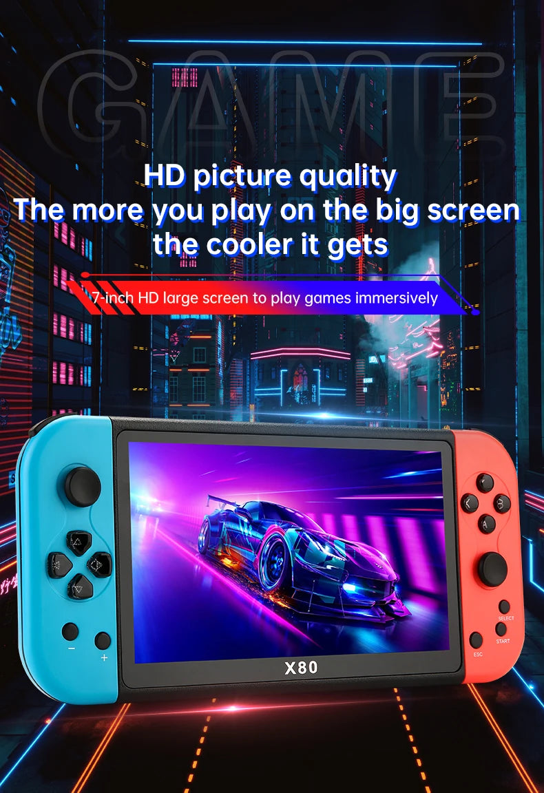 X80 Retro Handheld Game Console 7 Inch Screen HD TV Portable Game Player Built-in 16GB 10000 Games 10 Simulators for PS/PS1/MAME