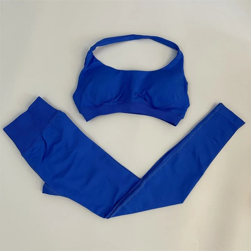 Ladies seamless yoga suit; two-piece fitness leggings; hip-lifting yoga pants set; gym sport suit; backless sports bra with