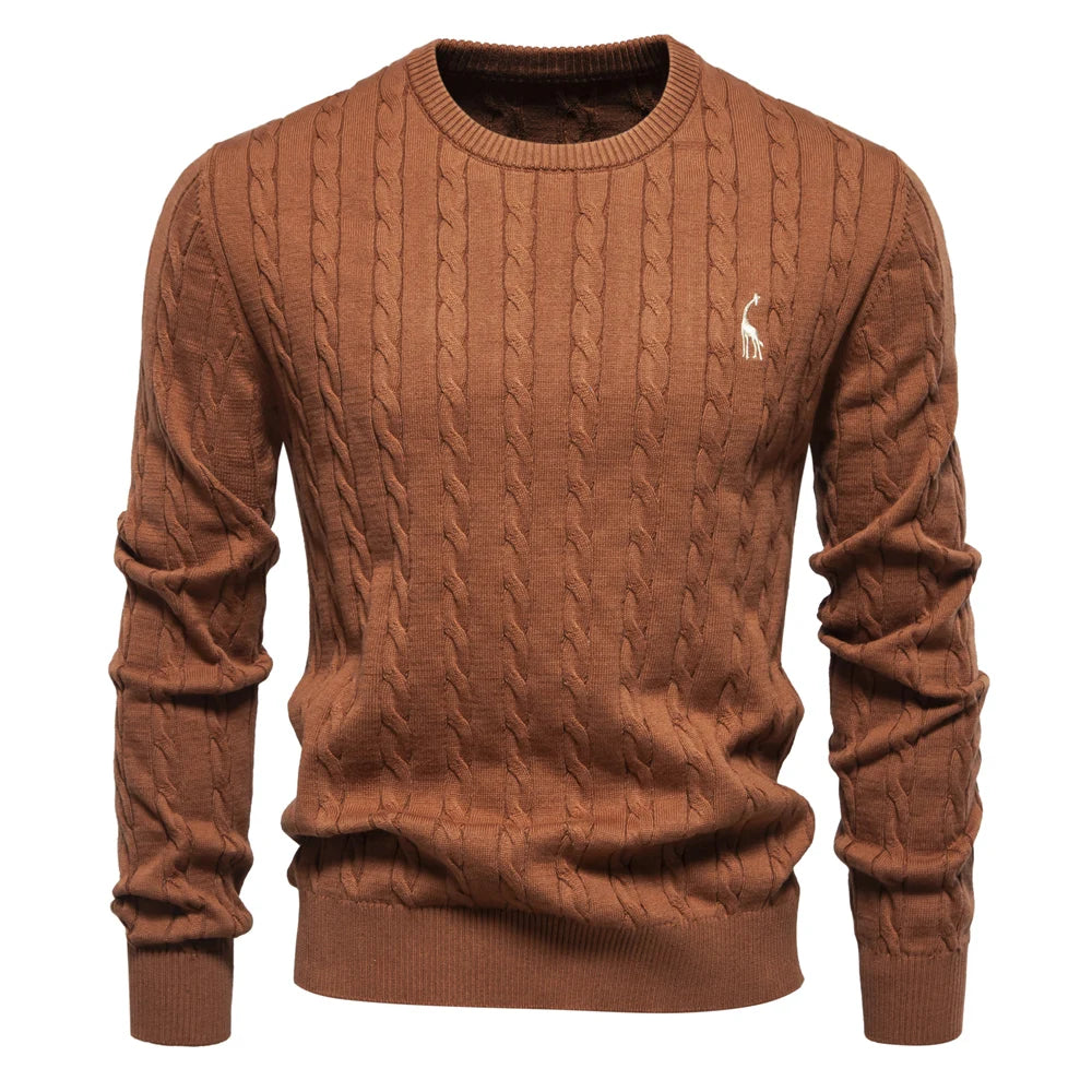 AIOPESON Mens Giraffe Embroidery Cotton Sweaters Round Neck Classic Twist Patterned Pullover Knitted Sweater for Men