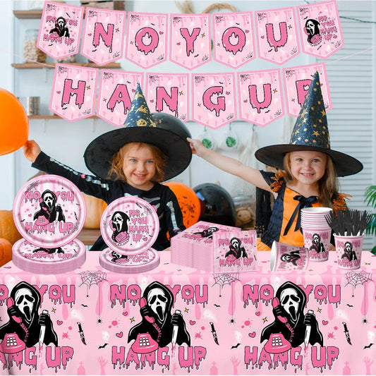 20p Pink Horror Night Halloween Party Supplies Disposable Party Tableware Paper Plates Tablecloths Banners Festival Decoration