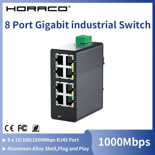 HORACO 8 Port Gigabit Industrial Switch 1000Mbps industry Network Ethernet Switch DIN Rail Mounted Plug and Play