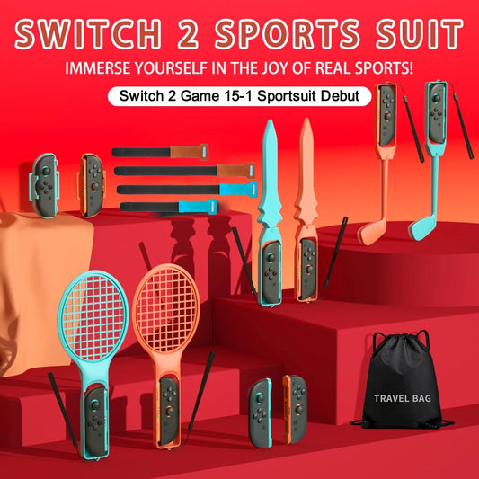 Sports Accessories Set S225 for Switch 2,15 in 1 Family Accessories Kit for Switch 2 Sports Games:Tennis Rackets,Sword Grips,Etc