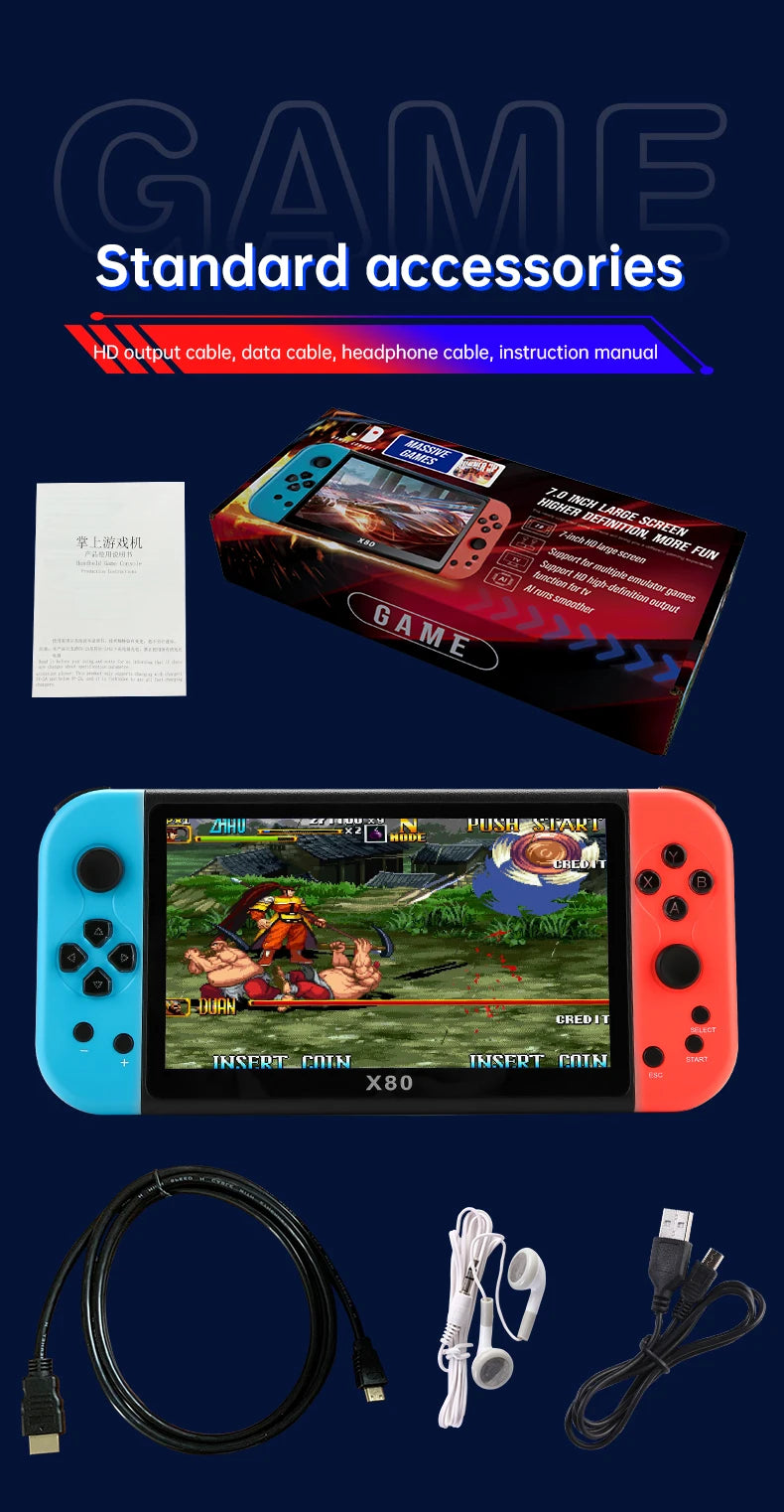 X80 Retro Handheld Game Console 7 Inch Screen HD TV Portable Game Player Built-in 16GB 10000 Games 10 Simulators for PS/PS1/MAME