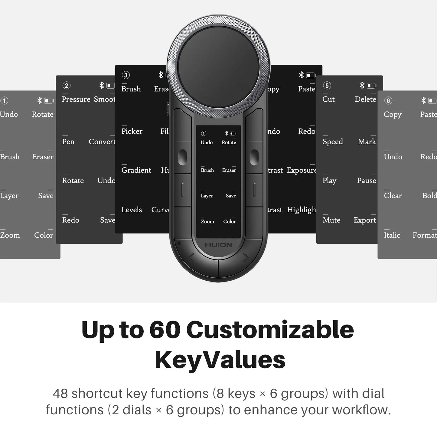 Huion Keydial Remote Mini Wireless Keyboard Dual-dial Controller Bluetooth Connect to Computer Windows macOS iPadOS iOS Android