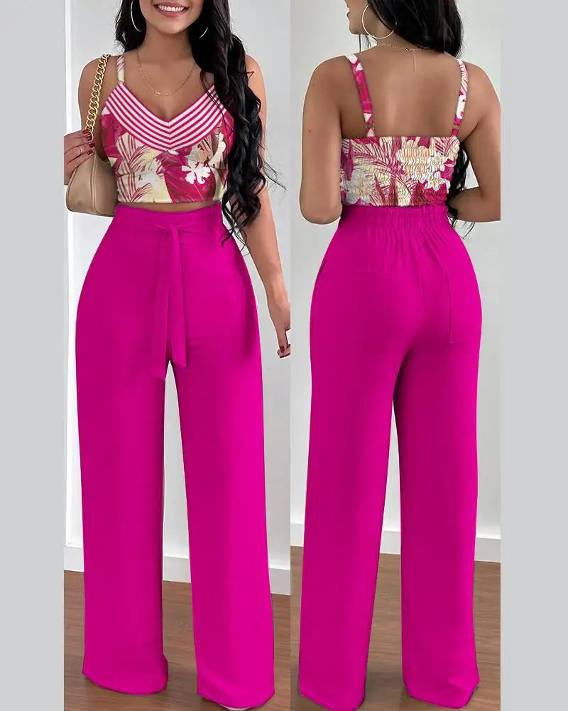 2 Piece Outfits For Women 2025 Sexy V-Neck Strap Shirred Slim Crop Top & Lace-up Wide Leg Pants Sets Elegant Office Lady Suit