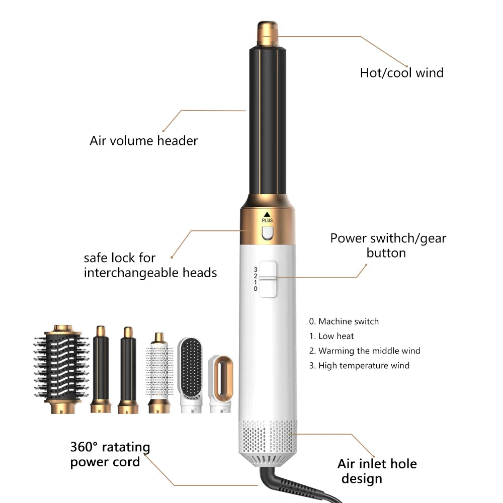 6 in 1 Multifunctional Hair Tool Blow Dryer Curler Ionic Hot Air Brush Straightener with Detachable Head