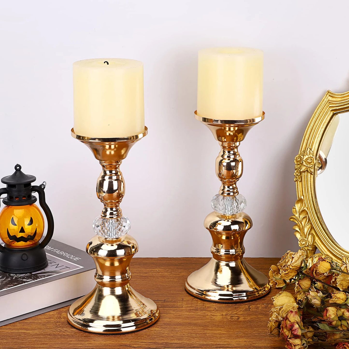 Gold Metal Pillar Candlestick Holders Vintage Pillar Candle Holders Elegant Metal Crystal Pillar Candle Stands