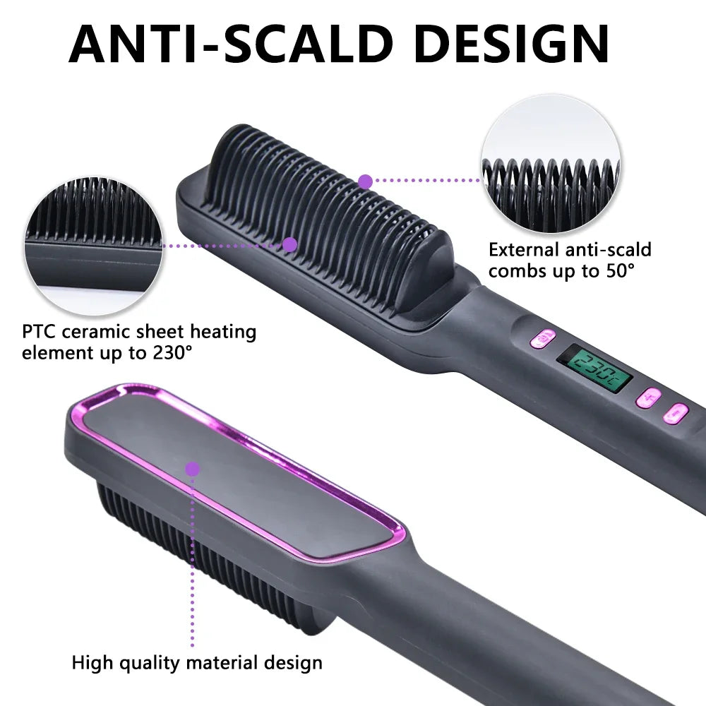 Electric Hair Straightener Brush Fast Heating Straightening Brush Hair Straightener with Anti-Scald Feature Straightener Comb