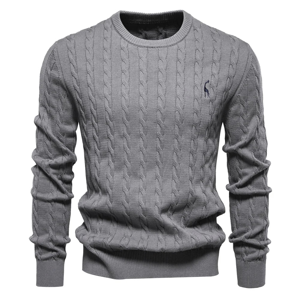 AIOPESON Mens Giraffe Embroidery Cotton Sweaters Round Neck Classic Twist Patterned Pullover Knitted Sweater for Men