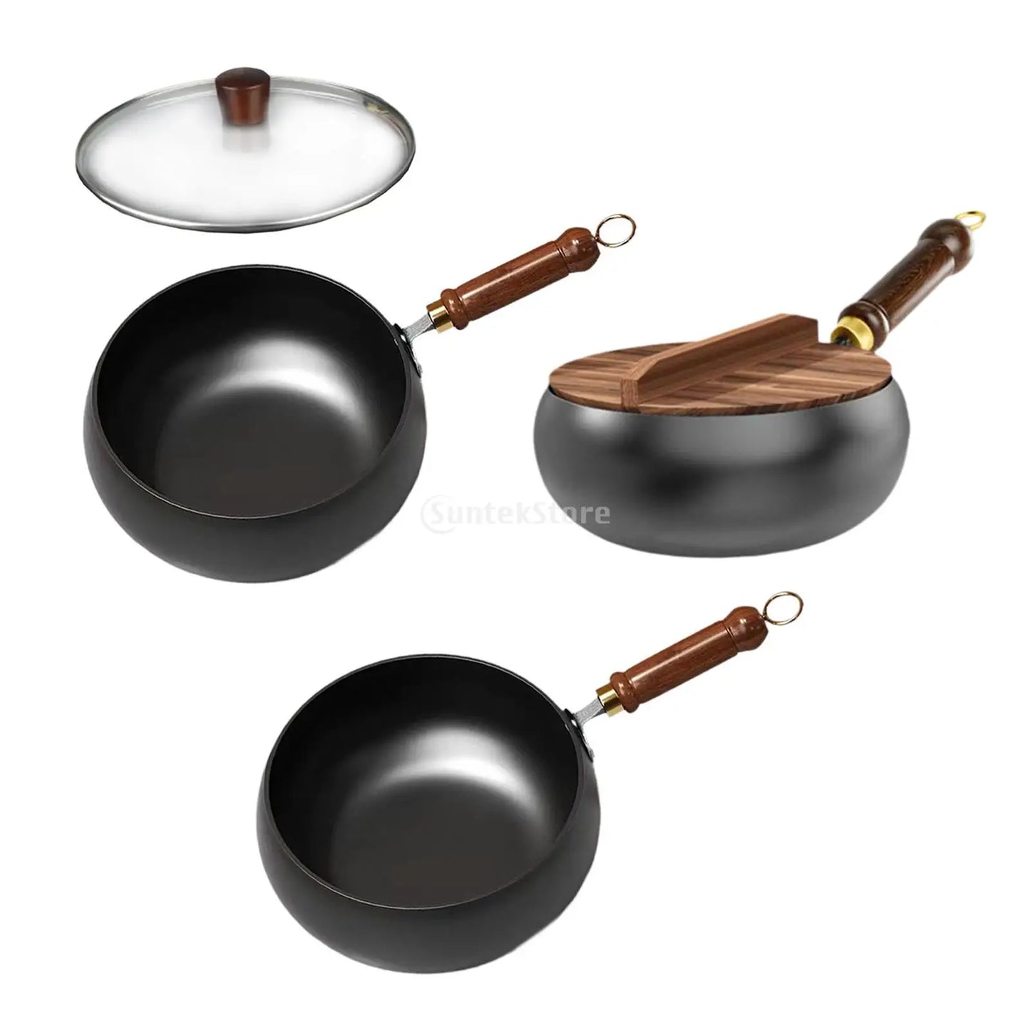 Nonstick Wok No Coating Gas Boiling Stir Fry Pan for Restaurant Camping Home Frying Pan Iron Wok with Wood Handle