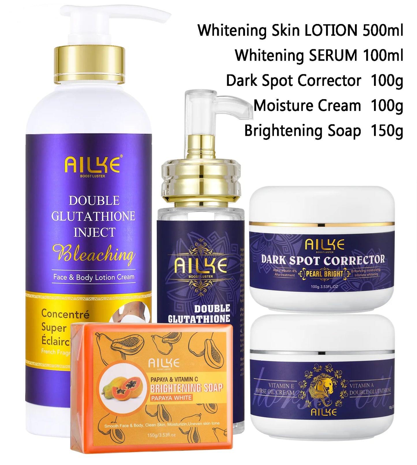 AILKE Double Glutathione Whitening Skin Care, Lightening, Remove Dark Spots, Skin Radiant, Moisturizing, Hydrating, Smooth
