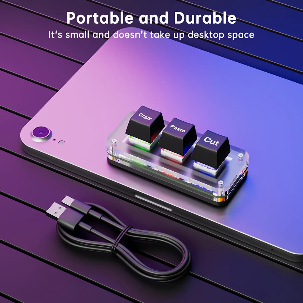 RGB Mini Cut Copy Paste Keyboard 3-Key Ctrl X C V Shortcut One Handed Keyboard USB Type-C Macro Keypad Programmable Keyboard