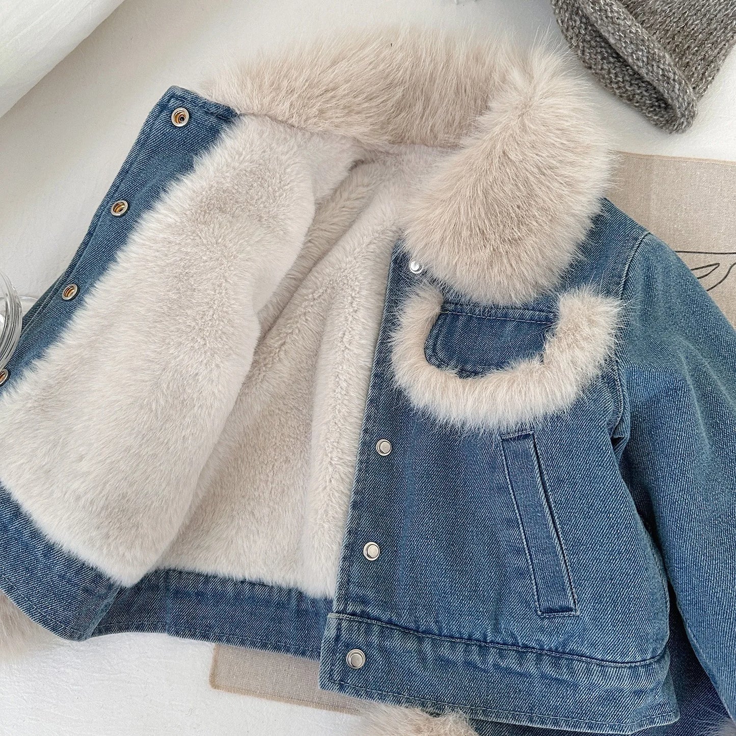 Children's Sets Girls' Fleece-Lined Denim Set Korean Winter Jacket & Skirt 2-Piece Thickened Outfit for Toddlers