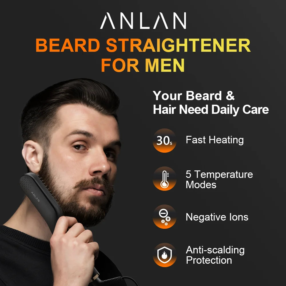 ANLAN Beard Hair Straightening Brush Hot Heated Comb Men Beard Multifunctional Straightener Ceramic Comb Quick Hair Styler