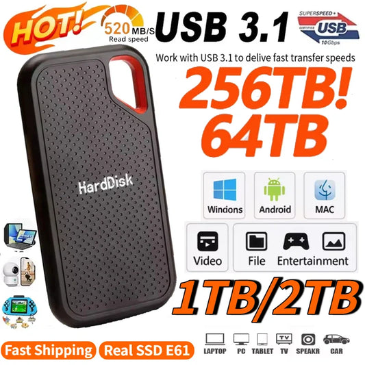Portable SSD 1TB External Hard Drive High-Speed Hard Disk USB3.2 Original Solid State Drive 64TB Mass Hard Drive for Laptop/PC