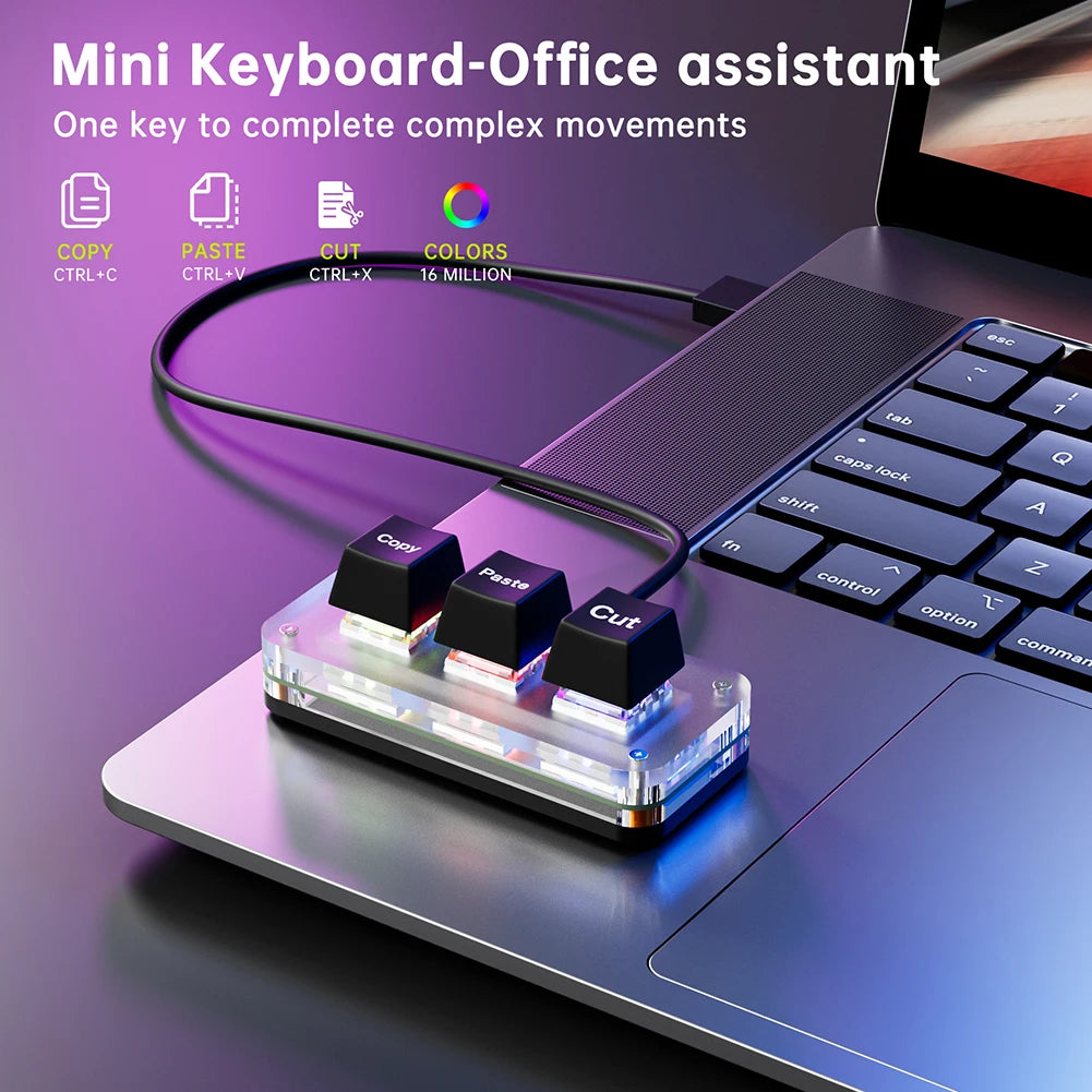 RGB Mini Cut Copy Paste Keyboard 3-Key Ctrl X C V Shortcut One Handed Keyboard USB Type-C Macro Keypad Programmable Keyboard