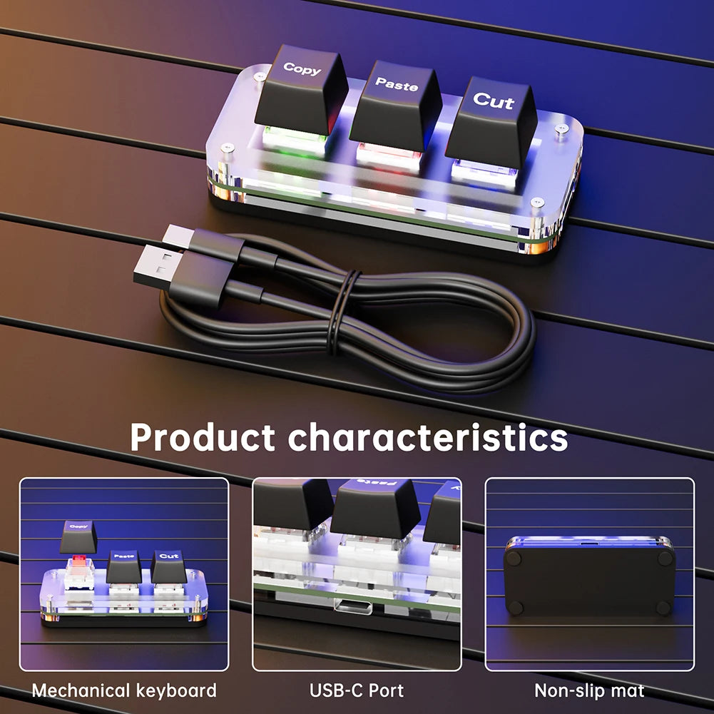 RGB Mini Cut Copy Paste Keyboard 3-Key Ctrl X C V Shortcut One Handed Keyboard USB Type-C Macro Keypad Programmable Keyboard