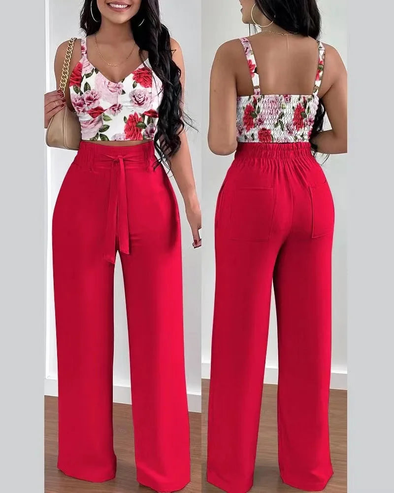 2 Piece Outfits For Women 2025 Sexy V-Neck Strap Shirred Slim Crop Top & Lace-up Wide Leg Pants Sets Elegant Office Lady Suit