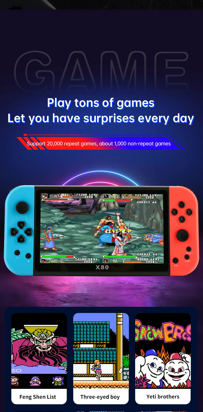 X80 Retro Handheld Game Console 7 Inch Screen HD TV Portable Game Player Built-in 16GB 10000 Games 10 Simulators for PS/PS1/MAME