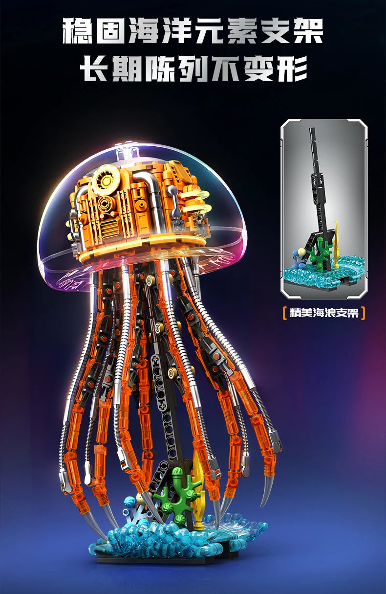 726pcs Mechanical Jellyfish Building Blocks Kit with LED Lights, STEM Toys for Kids Adults, Ocean Animal Model, Gift Boys Girls