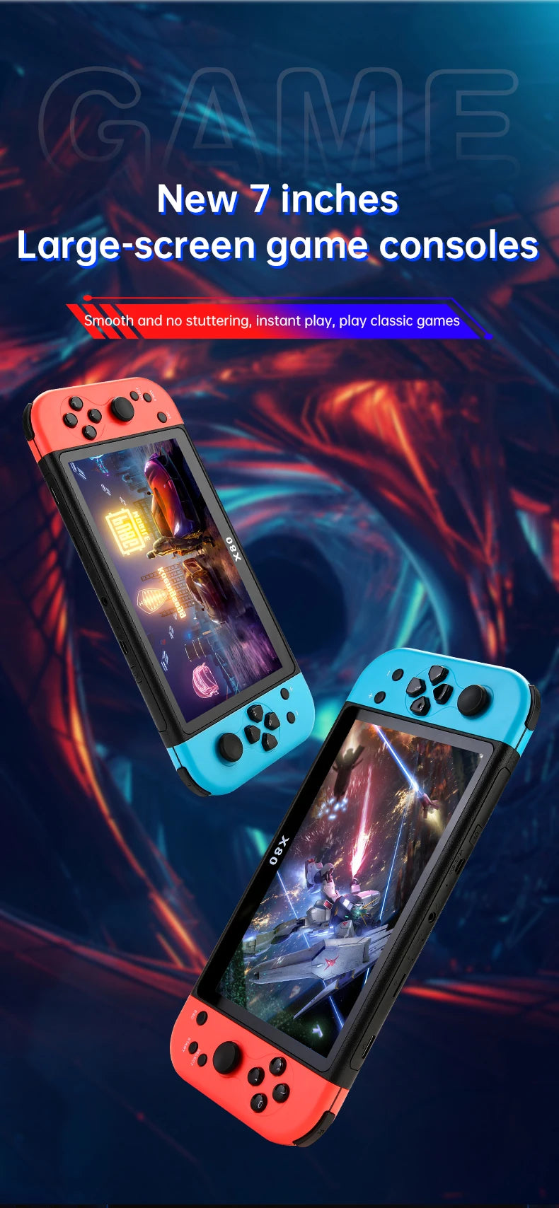 X80 Retro Handheld Game Console 7 Inch Screen HD TV Portable Game Player Built-in 16GB 10000 Games 10 Simulators for PS/PS1/MAME