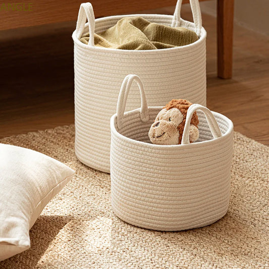 Solid White Laundry Basket Home Organization And Storage Baby Children Toy Storage Baskets Cotton Rope Woven Sundries Organizer