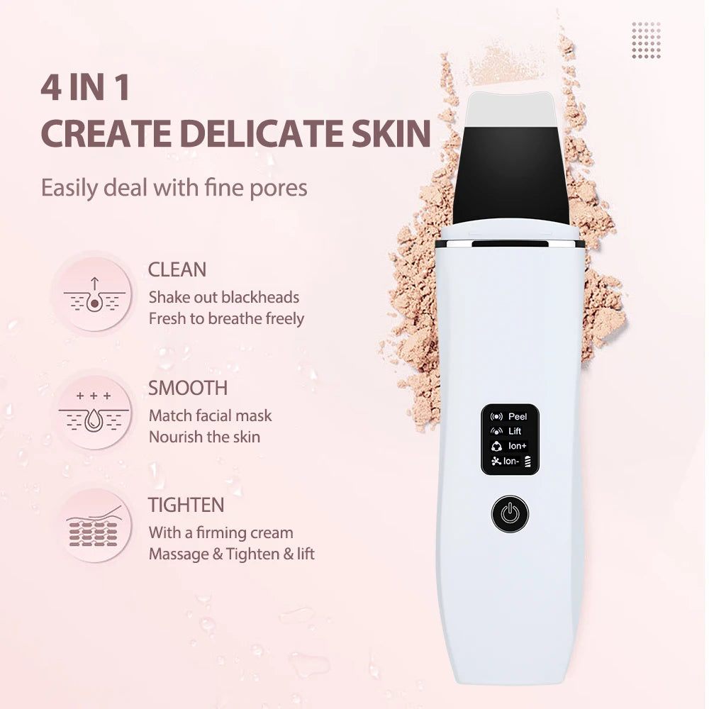 Ultrasonic Skin Scrubber Blackhead Remover Facial Cleanser 3 Modes Peeling Shovel Face Lifting Tool EMS Spatula Deep Cleansing