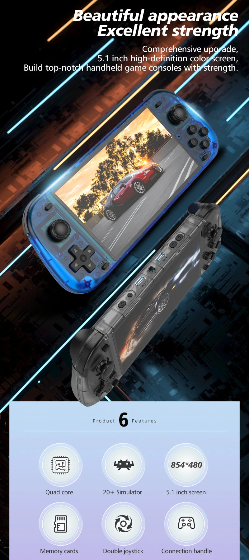 R50S Retro Handheld Games Console 128G 5.1inch IPS Screen Two-player Online Game 64GB Console Retro Game R36S