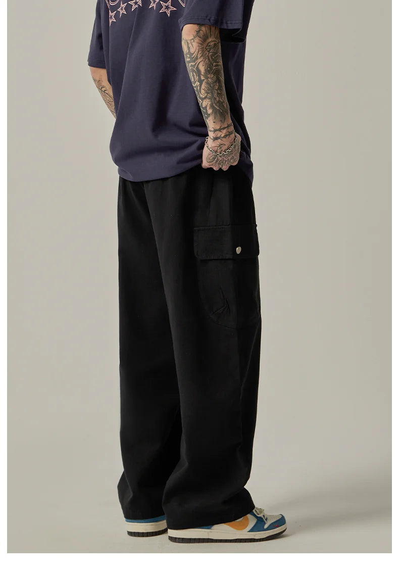 Men's Sweatpants 2025 Spring Autumn Vintage Japanese Wide Leg Straight Loose Button Big Pockets Cargo Pants Drawstring Trousers