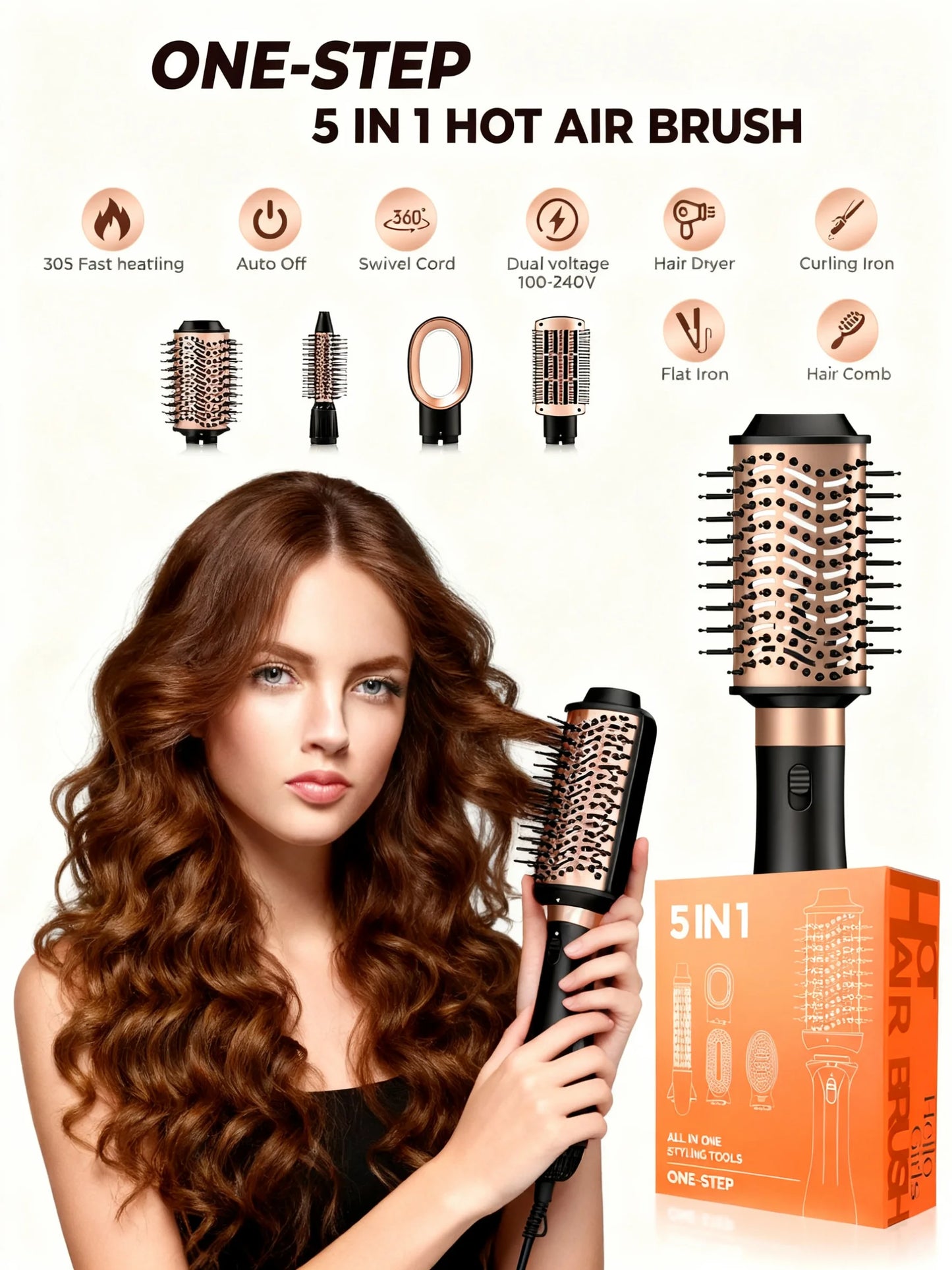 5-in-1 Multifunctional Hair Styling Tools, Hot Air Brush, Hair Dryer, Straightening Brush, Hair Curler, Straightening Brush,220V