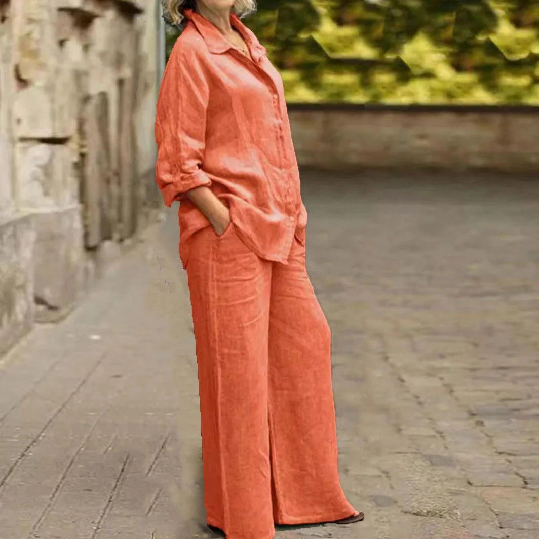 Fashion Cotton Linen Shirt Long Sleeved Women's Set Spring Autumn Loose Cotton  Linen Wide Leg Trousers Female Office 2piece Set
