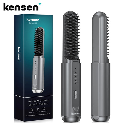 kensen Hair Straightener Brush Negative Ion USB Rechargeable Wireless Fast Heat Straight Curly Hair Styling Comb for Men Women