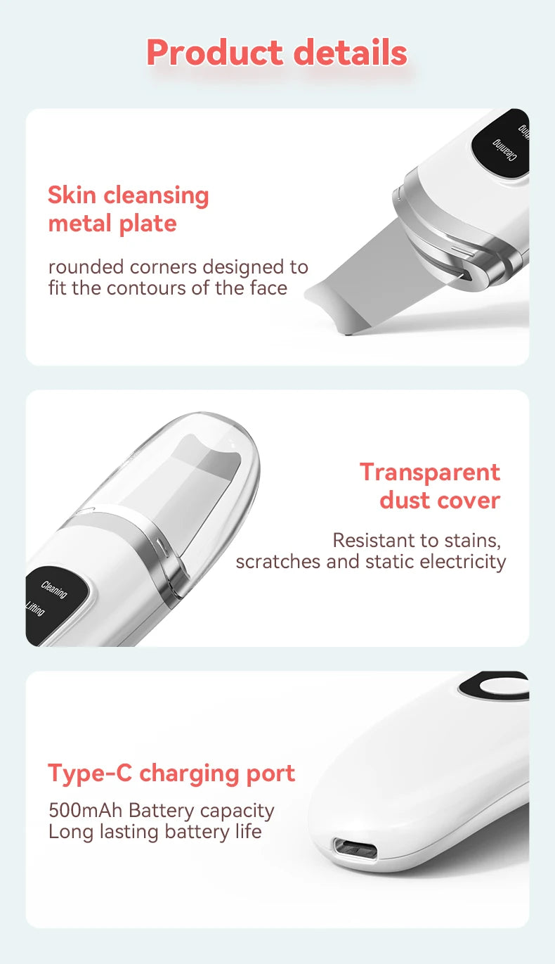 Ultrasonic Skin Scrubber Face Spatula Facial Skin Exfoliator Scraper and Blackhead Remover Pore Cleaner Facial Deep Cleansing