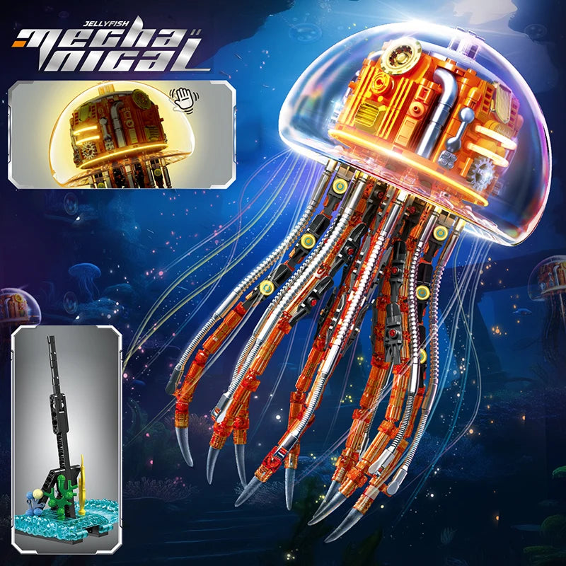 726pcs Mechanical Jellyfish Building Blocks Kit with LED Lights, STEM Toys for Kids Adults, Ocean Animal Model, Gift Boys Girls