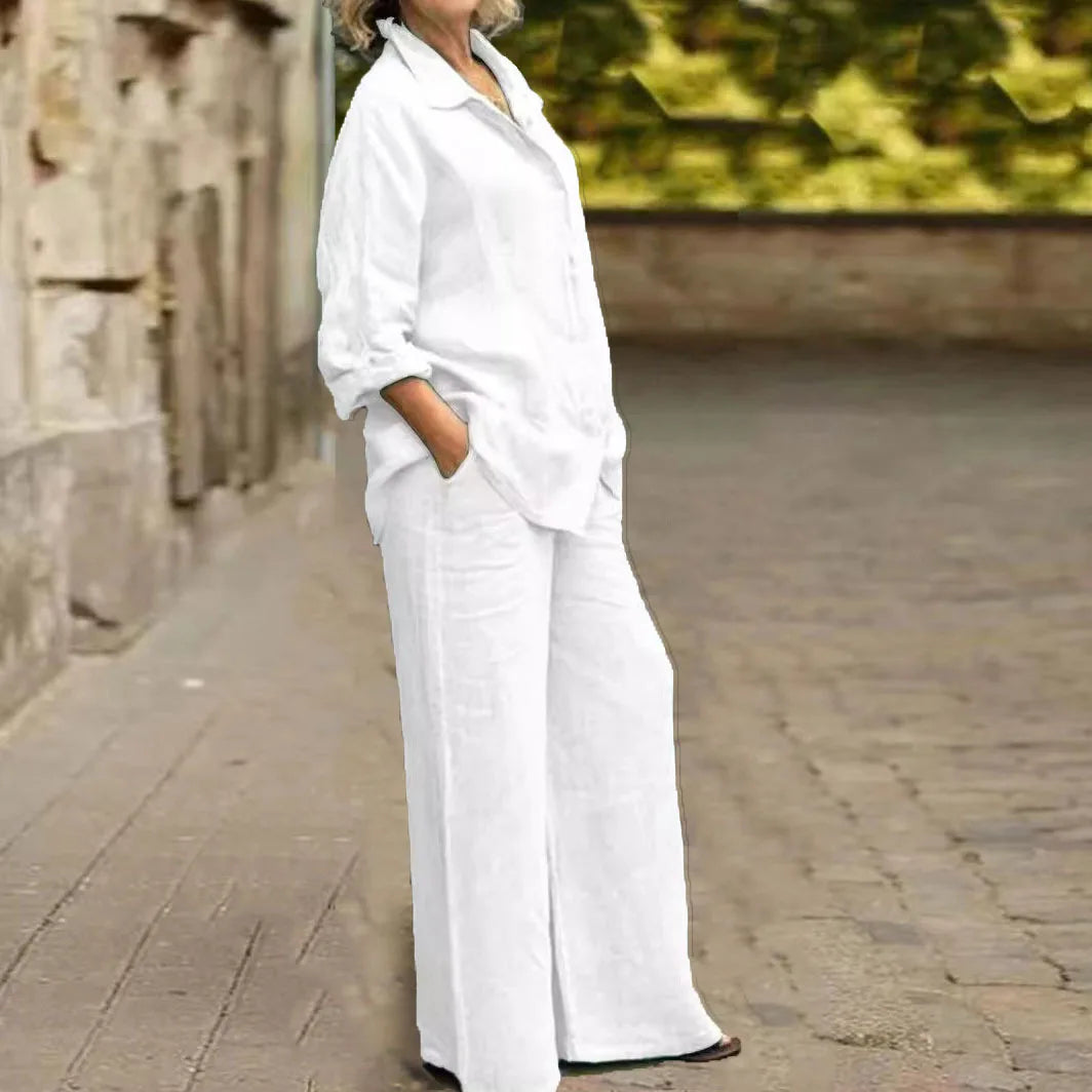 Fashion Cotton Linen Shirt Long Sleeved Women's Set Spring Autumn Loose Cotton  Linen Wide Leg Trousers Female Office 2piece Set