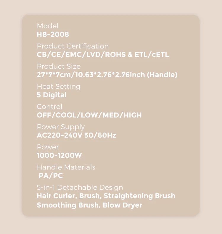 5-in-1 Multifunctional Hair Styling Tools, Hot Air Brush, Hair Dryer, Straightening Brush, Hair Curler, Straightening Brush,220V