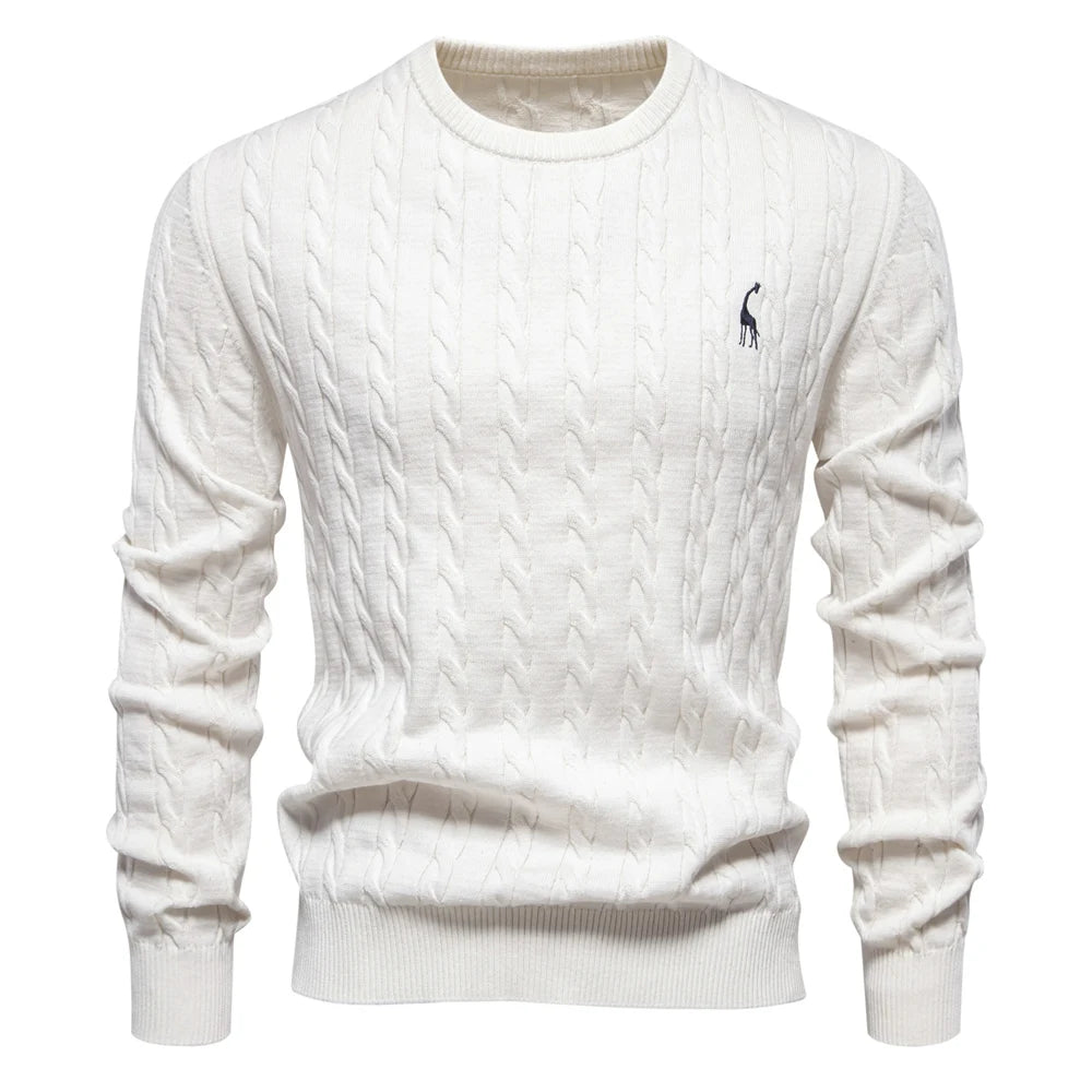 AIOPESON Mens Giraffe Embroidery Cotton Sweaters Round Neck Classic Twist Patterned Pullover Knitted Sweater for Men