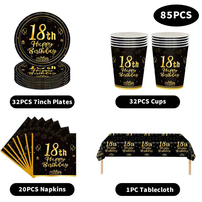 18th Birthday Party Decorations Black Plates Tableware Napkins For Kid Boys Girls Happy Birthday 18th Birthday Balloons Supplies