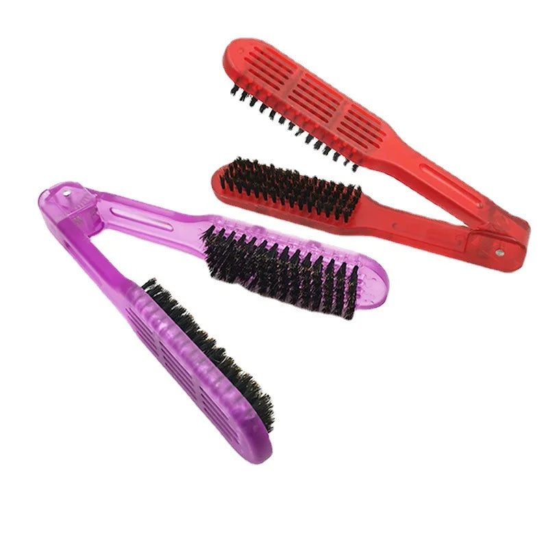Hairdressing Straightener Hairbrush Nylon Hair Straightening Double Brushes V Shape Comb Clamp