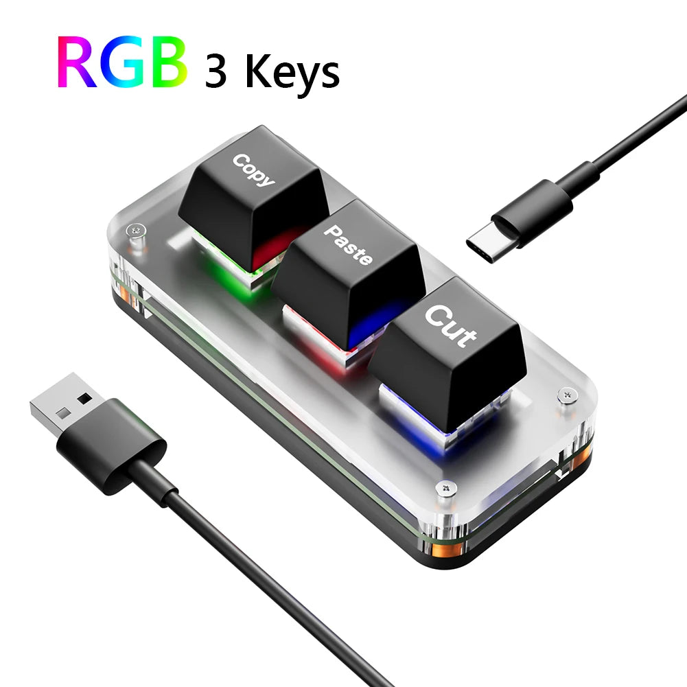 RGB Mini Cut Copy Paste Keyboard 3-Key Ctrl X C V Shortcut One Handed Keyboard USB Type-C Macro Keypad Programmable Keyboard