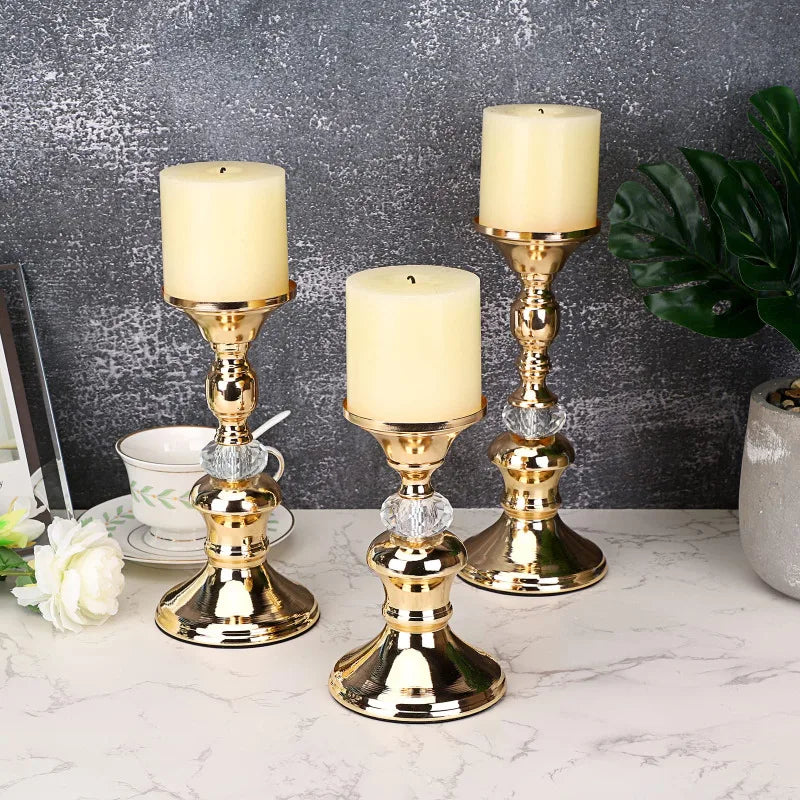 Gold Metal Pillar Candlestick Holders Vintage Pillar Candle Holders Elegant Metal Crystal Pillar Candle Stands