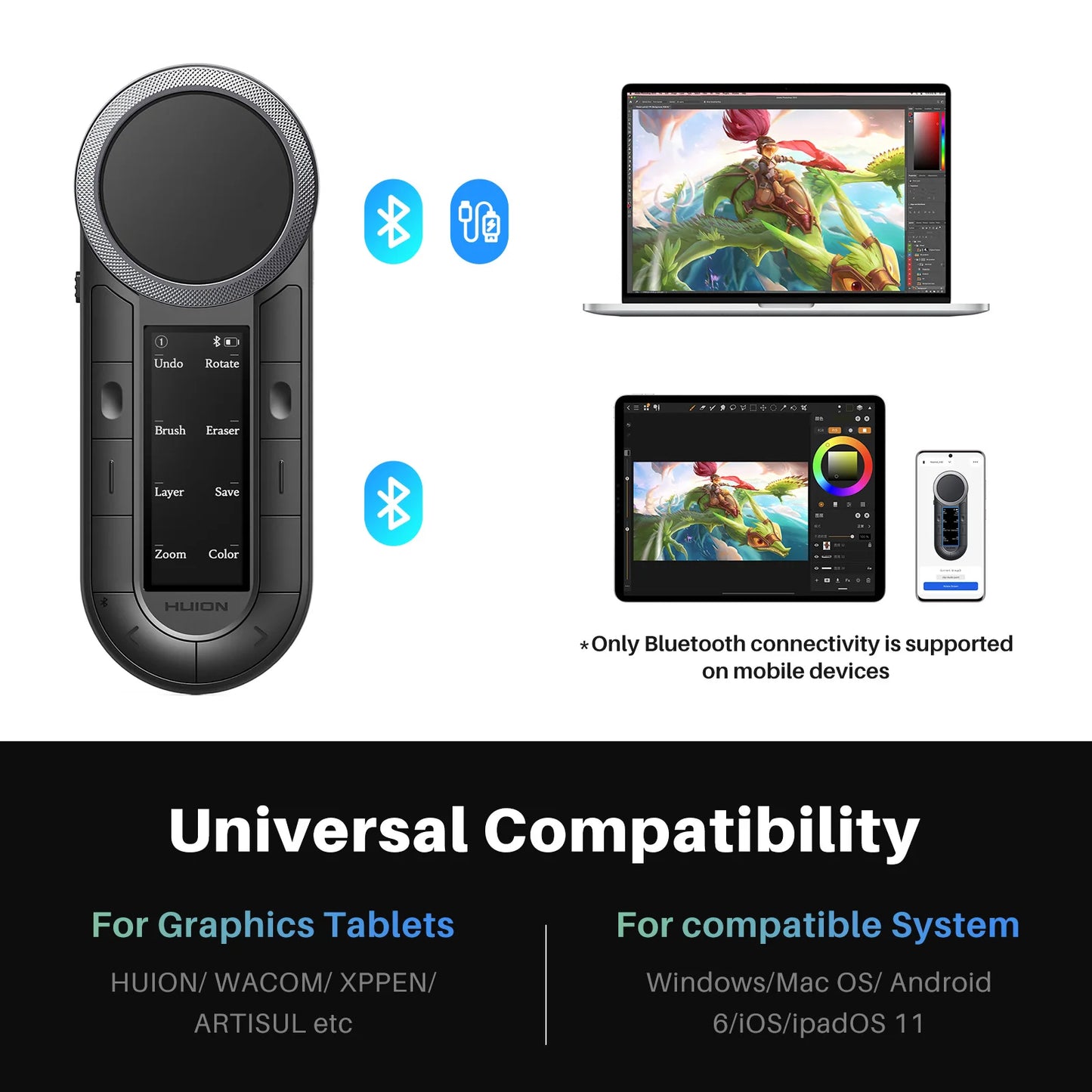 Huion Keydial Remote Mini Wireless Keyboard Dual-dial Controller Bluetooth Connect to Computer Windows macOS iPadOS iOS Android
