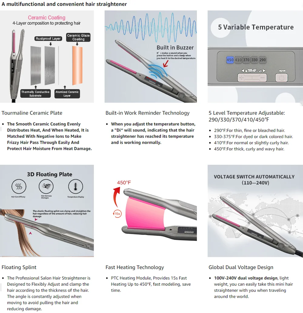 Hair Straightener Curler Professional Ceramic Coating Thinnest Plate Pencil Flat Irons For Short Hair Men's Beard Stylling Tool