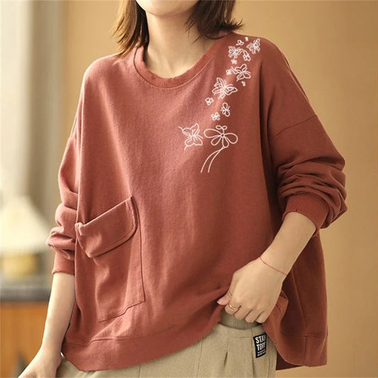 Clothes for Women Vintage Simple Casual Print Streetwear Oversized Sweatshirt O Neck Long Sleeve Pocket Pullover Tops Sudaderas